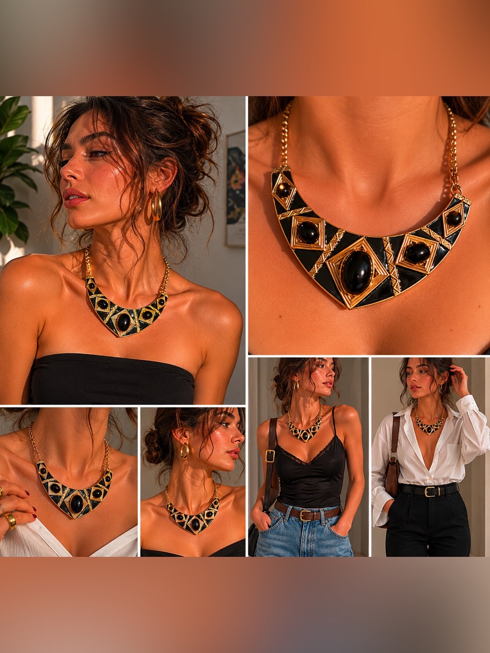 Vintage Gold Tone Black Cabochon Statement Necklace Geometric Art Deco Style